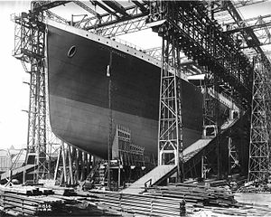 Construction: Titanic in her gantry, prior to launch at H&W shipyard, Belfast, 1911
