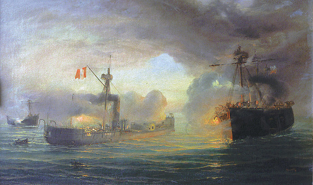 The Battle of Angamos, 1879, between the Peruvian Huascar and the Chilean Navy