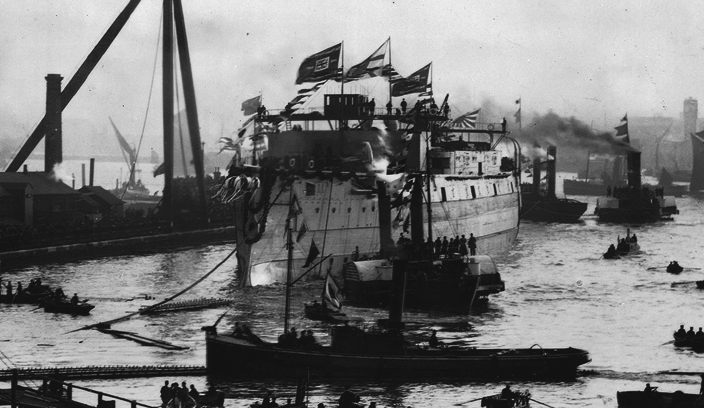 Shikishima launching at Blackwall, 1898
