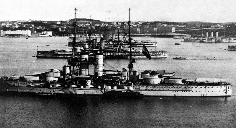 Austro-Hungarian Dreadnoughts and the fleet anchored at Pola
