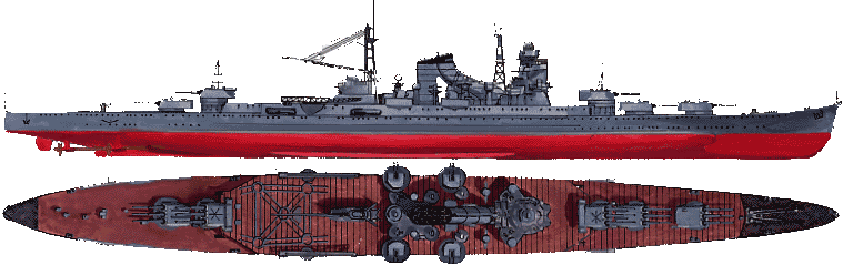 Le Mikuma en 1938, avec ses tourelles triples de 155 mm.