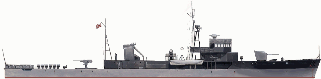 Le Tsurumi en 1945. Noter le camouflage en bandes de gris inversées par rapport aux navires alliés.