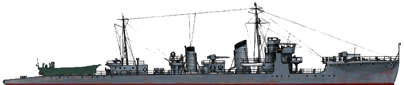 Le Tsuta en 1943, ex-patrouilleur devenu transport de troupes. Noter la barge Daihatsu à l'arrière.