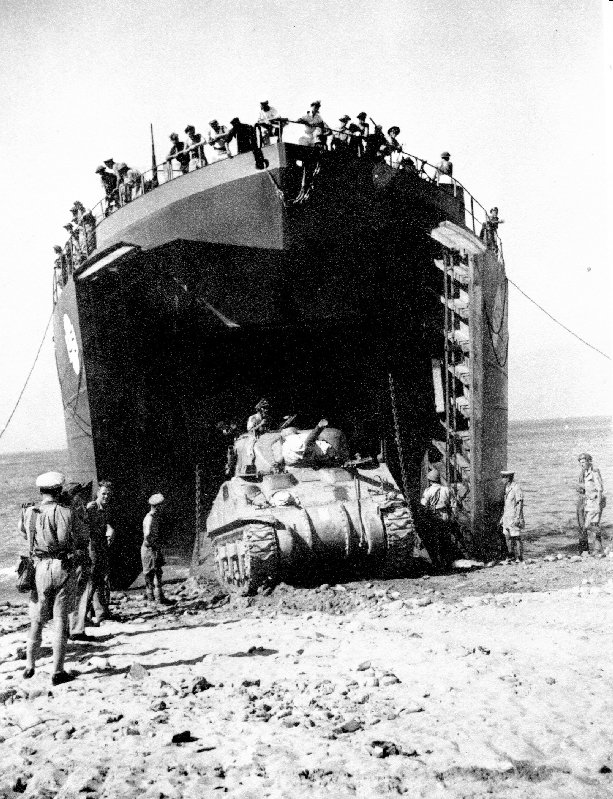 A Canadian Sherman lands from an LST in Sicily