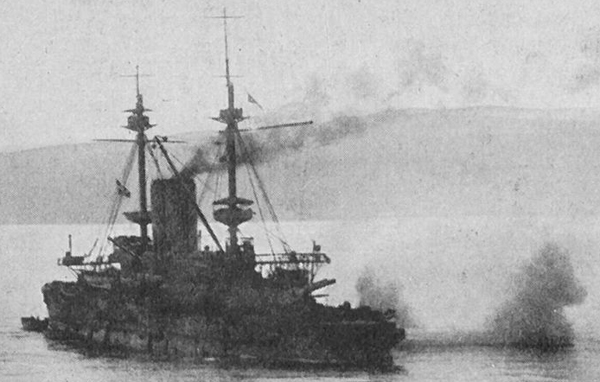 HMS Albion shelling Turkish forts of the Dardanelles