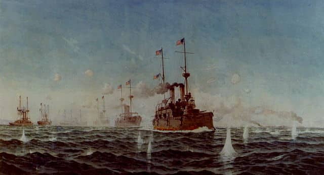 USS Olympia leading the battle line in Manila Bay