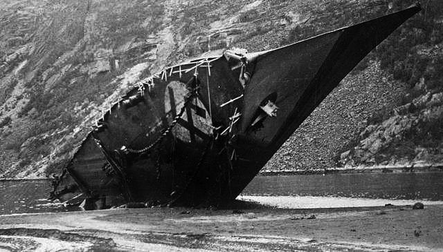 The beached, destroyed German destroyer Bernd Von Arnim