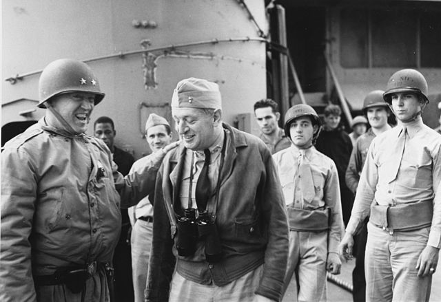 Major General Patton and Rear Admiral Hewitt on USS Augusta, November 1942