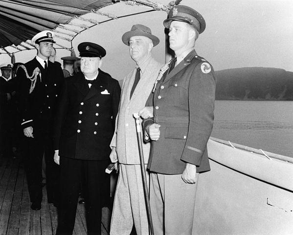 Winston Churchill meets Franklin D. Roosevelt & junior on board USS Augusta
