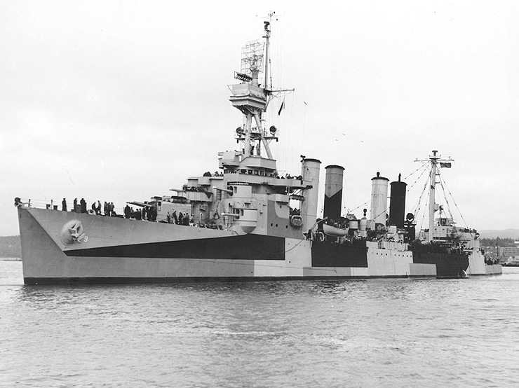 USS Richmond off Puget Sound NYd, Bremerton, Washington, 24 June 1944 showing her Measure 32, Design 3d camouflage.