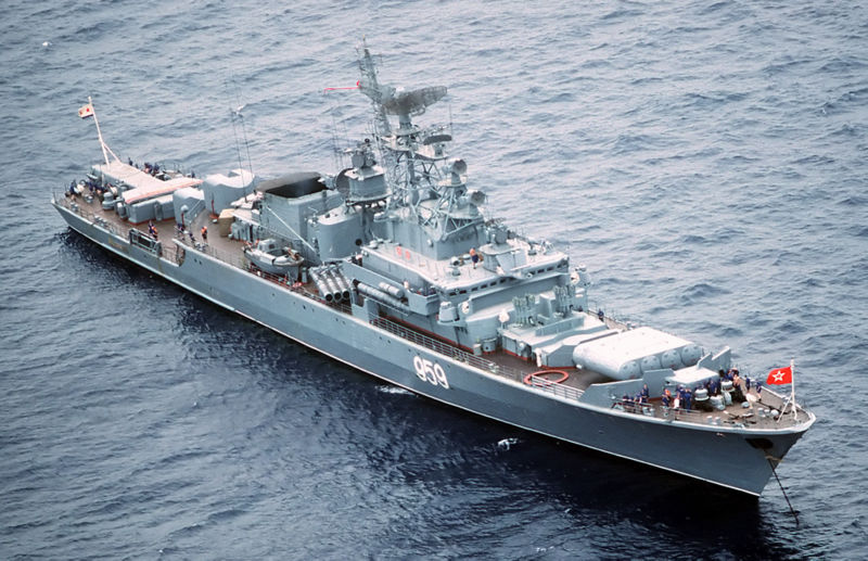 An aerial starboard bow view of the Soviet Krivak I Class guided missile frigate 959 at anchor