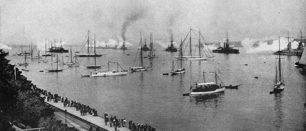 Three 2nd squadron battleships saluting the Kaiser at Kiel naval review, for the opening of the canal, 24 june 1914