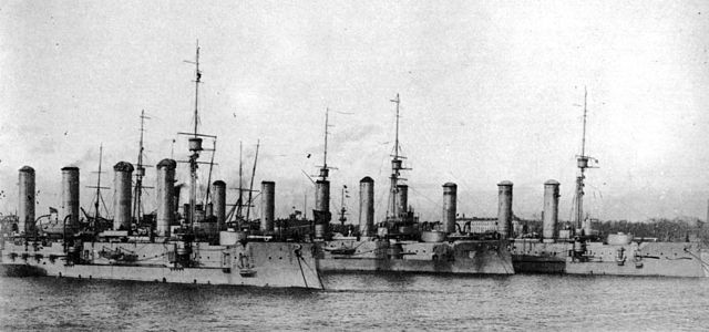 The first Cruiser brigade of the baltic fleet: Bayan, Makaroff and Pallada at anchor.