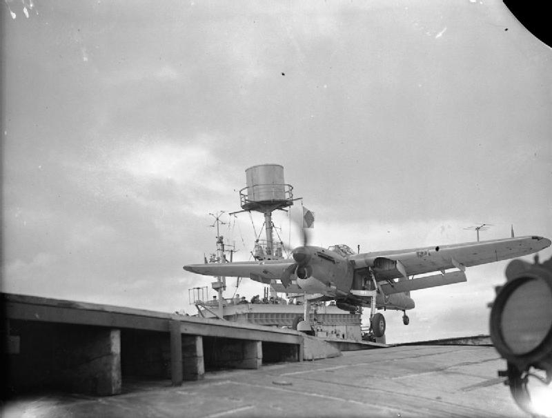 Fairey Barracuda taking off from HMS Furious during Operation Mascot, 17 july 1944