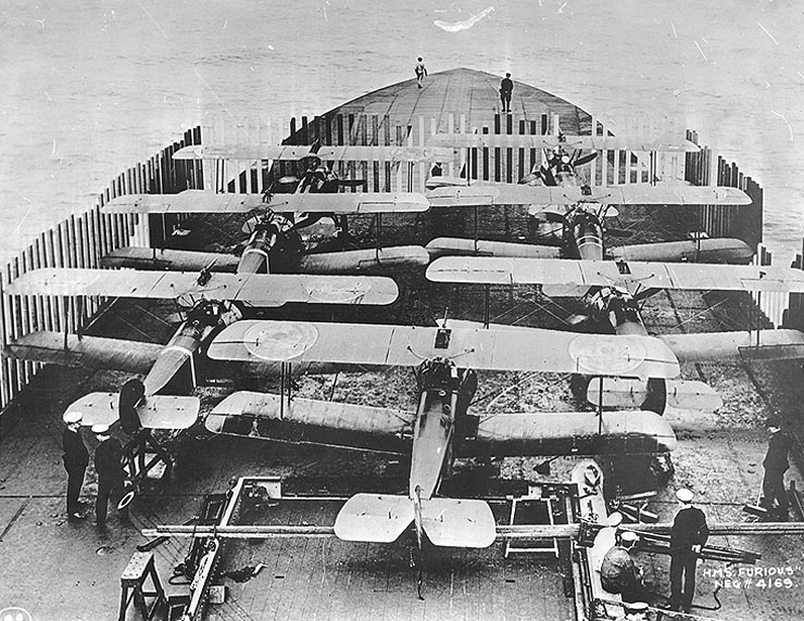 Sopwith Camels stacked in front of HMS Furious in preparation for Tondern raid