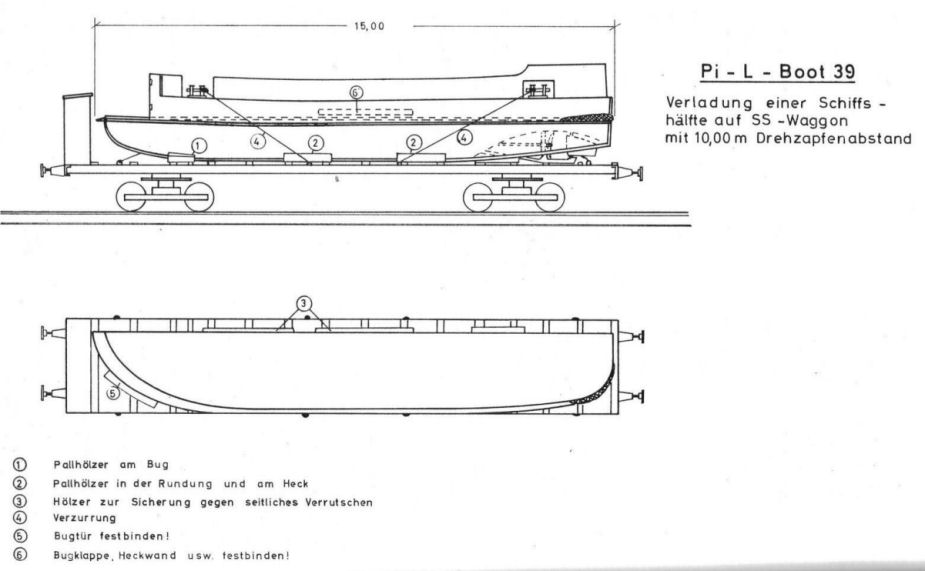 Blueprint of the Pionierlandungsboot 39 and rail carriage