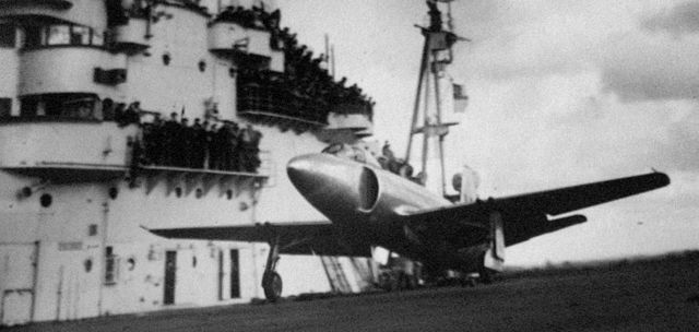 A supermarine Seafire landing on Illustrious in 1947