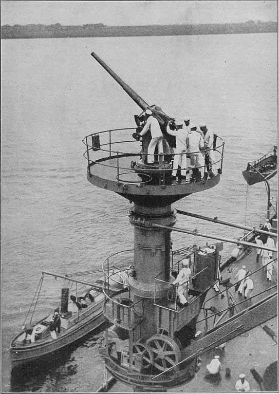 3-in gun on a crane platform onboard USS Texas