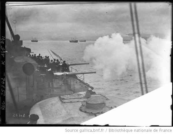 Averof firing at sea

