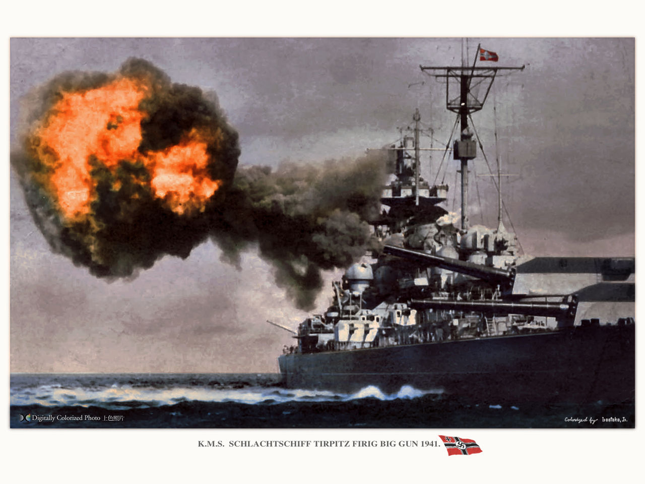 Bismarck fuiring her big guns in May 1941