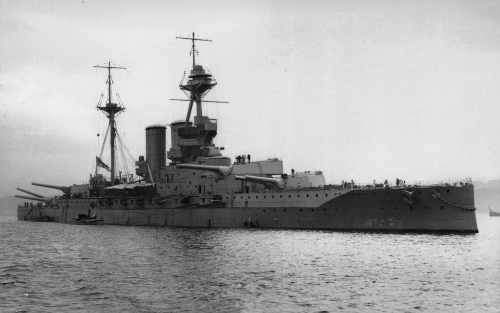 HMS Barham, with her guns trained to starboard side in 1916