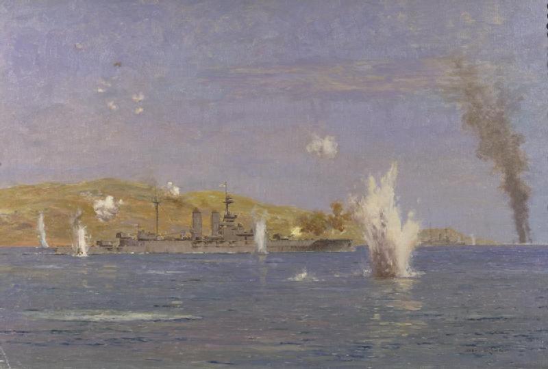 HMS_Queen_Elizabeth_Shelling_Forts_Dardanelles_attack_on_the_Narrows_Gallipoli_18th_March_1915-IWM