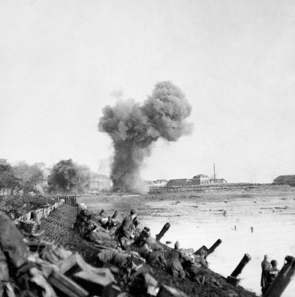 The assault on Walcheren, British troops advancing along the dikes.
