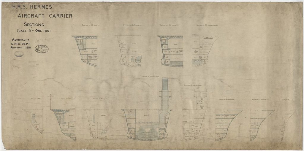 Final blueprint of HMS Hermes in 1918, hangar and hull sections