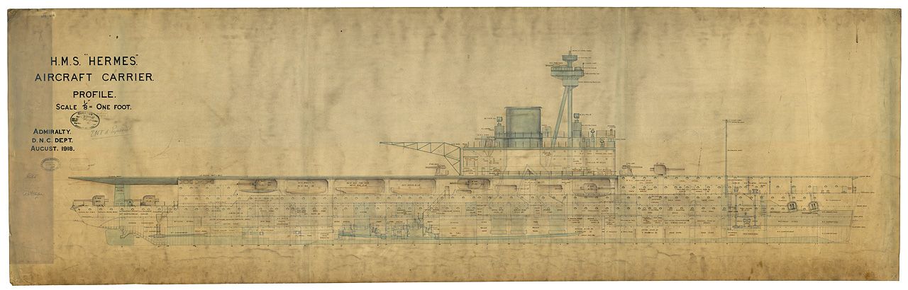 Blueprints of HMS Hermes - side view, last revision in 1918