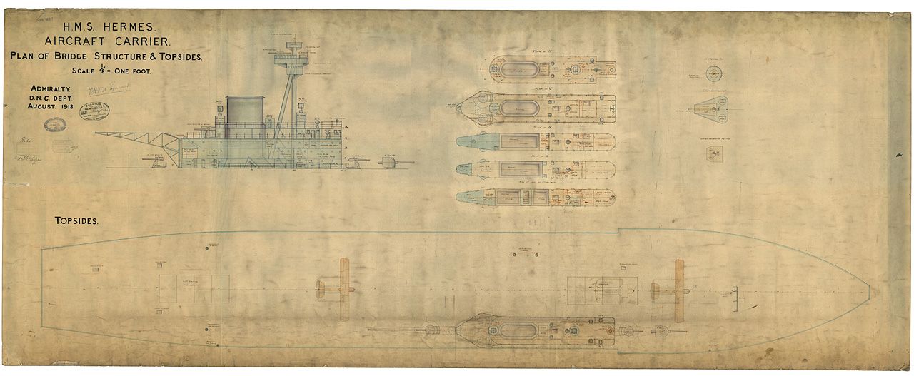 Blueprint of HMS Hermes - island and flying deck
