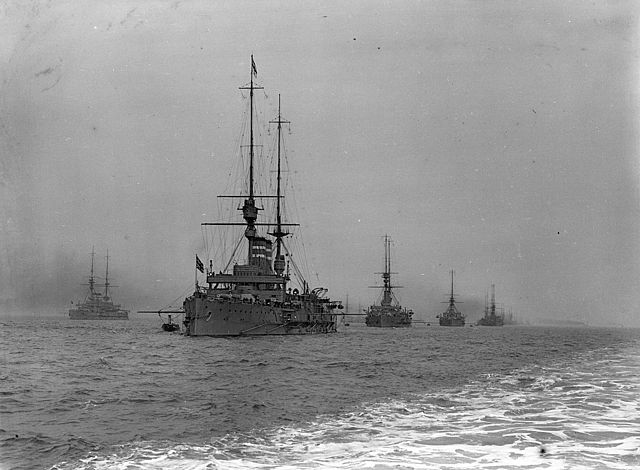 A general view of Line B with the battleships at anchor during the Royal Naval Review at Spithead