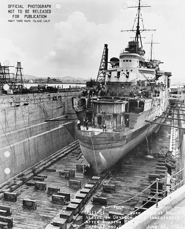 HMS Liverpool fitted with a new provisional bow at Mare Island Arsenal, 26 june 1941