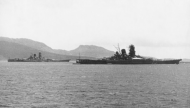 Yamato and Musashi anchored in the waters off of the Truk Islands