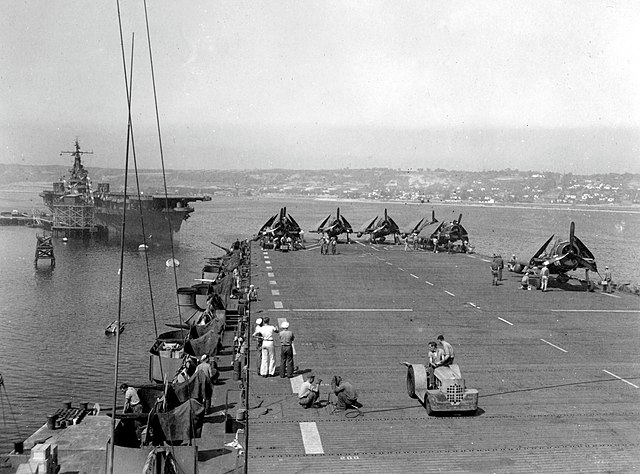 USS Ranger seen from USS Shamrock Bay at naval air station, North Island, August 1945
