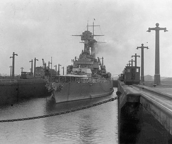 USS California through Gatun locks, Panama canal, 1927