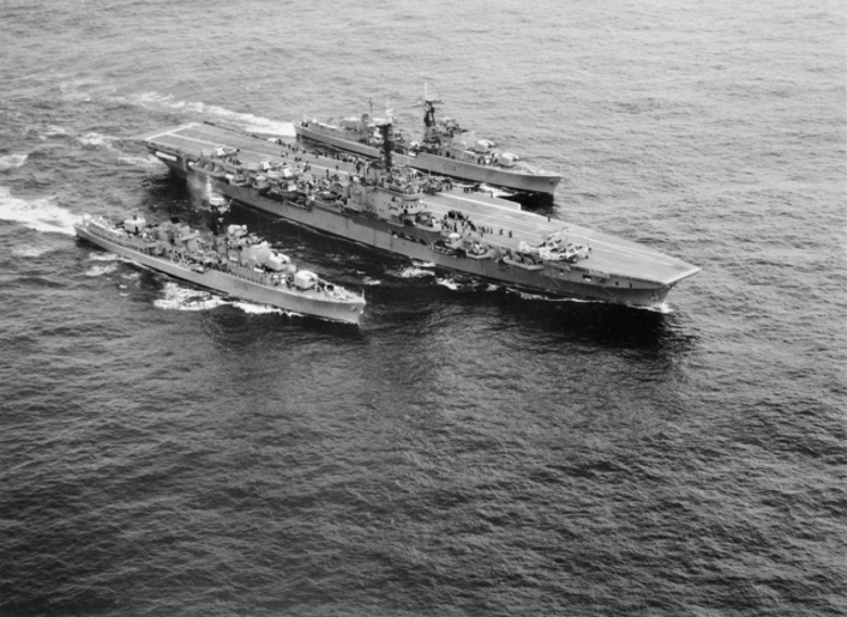 HMAS Melbourne, escorted by HMAS Voyager and HMAS Vendetta