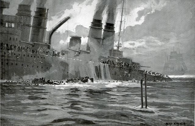 German postcard depicting the sinking of the Leon Gambetta