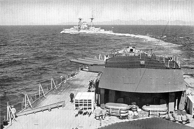 Warspite at sea before her second refit, circa 1935, as seen from Rodney