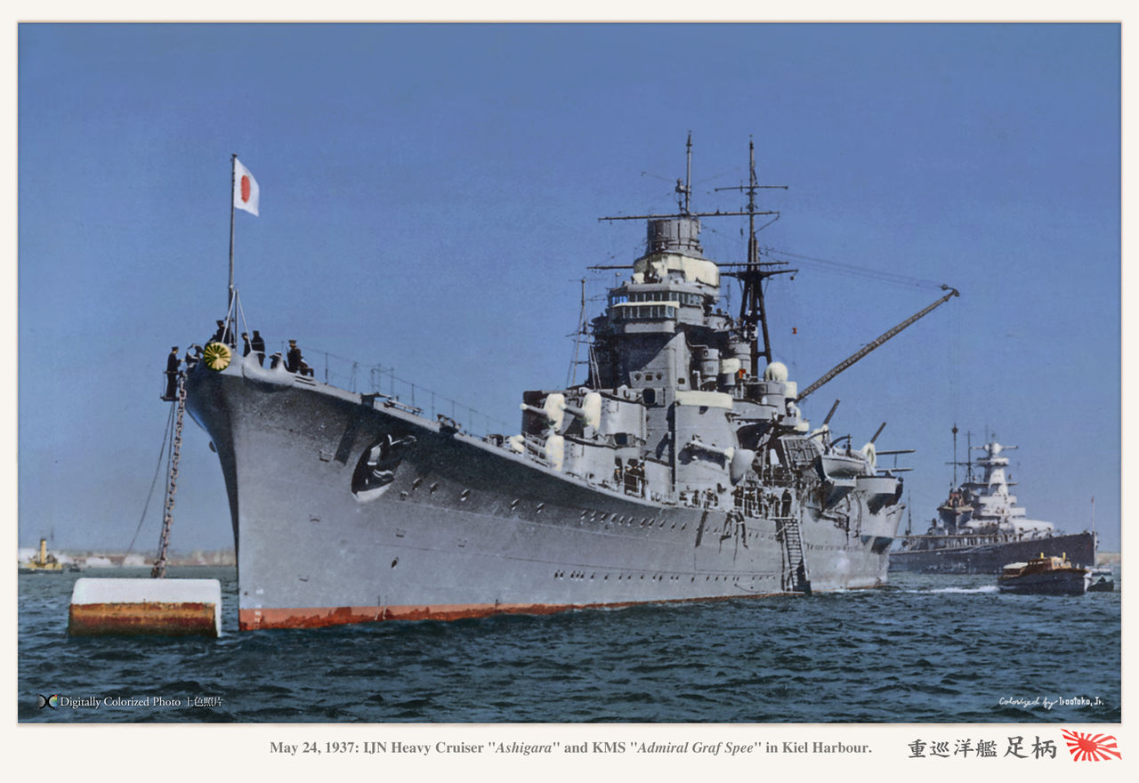 IJN Ashigara and Graf Spee in the background in Kiel naval celebrations  <br>  <em>IJN Ashigara in Graf Spee v ozadju na mornariškem praznovanju v Kielu, barvno barvo Irootoko jr.</em>  </p> <p>11. decembra 1937 je čezoceanska ladja SS President Hoover nasedla v tajfunu pred Tajvanom in bližnja ladja Ashigara je tja prispela v 14 urah, da pobere obtičale preživele. Z rušilcem jim je uspelo na kopno prepeljati 330 članov posadke in 503 potnike. Kasneje jih je vrnil v domovino linijska ladja SS President McKinley, pri premestitvi pa sta jim ponovno pomagala IJN Ashigara in njen spremljevalec rušilca. Preostanek je evakuiral predsednik SS Pierce, vendar je razbitino SS Hooverja varoval rušilec USN, dokler ga ni zamenjal japonski rušilec.</p> <p>15. decembra 1937 je kapitan Kuninori Marumo prevzel poveljstvo in kasneje kapitan markiz Tadashige Daigo leta 1938, medtem ko je bila podvržena svoji drugi rekonstrukciji. Do konca ji je poveljeval kapitan Michiaki Kamada. To se je končalo oktobra 1940 in pokrivala je konvoj, ki je bil 29. julija 1941 namenjen okupaciji vichyjevsko-francoske CochinChina. Nazaj v Sasebo avgusta 1941 je postala paradna ladja za viceadmirala Iba Takahashija, Sentai-16. Decembra je bil Ashigara z Mayo in Kumo zunaj stražarskega okrožja Mako (Pescadores Islands). Pomagala je pri invaziji na severni Luzon. 10. decembra jo je napadlo devet <a href=