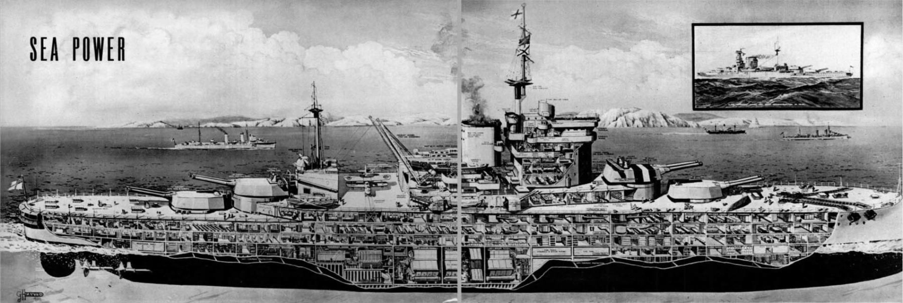 1938 UK magazine article about sea power showing a cutaway of the Warspite