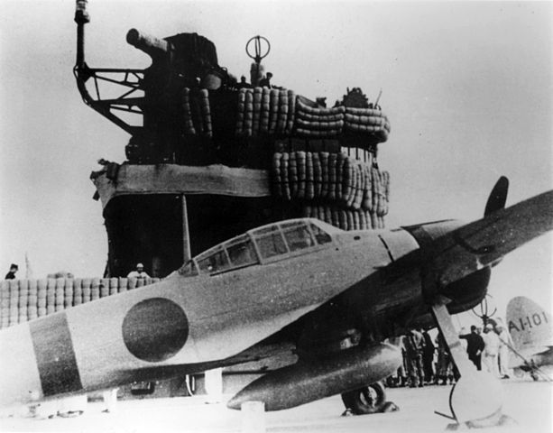 A6M Zero fighter in front of IJN Akagi's bridge