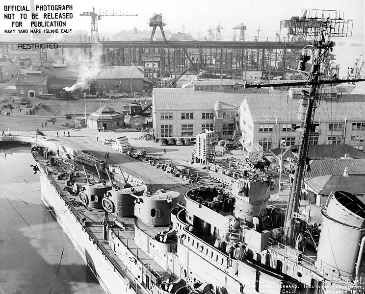 USS San Diego in the arsenal of Mare Island, late 1945, showing its armament details