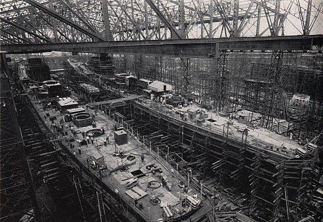 San Diego and San Juan under construction at Fore River Shipyard in early 1941