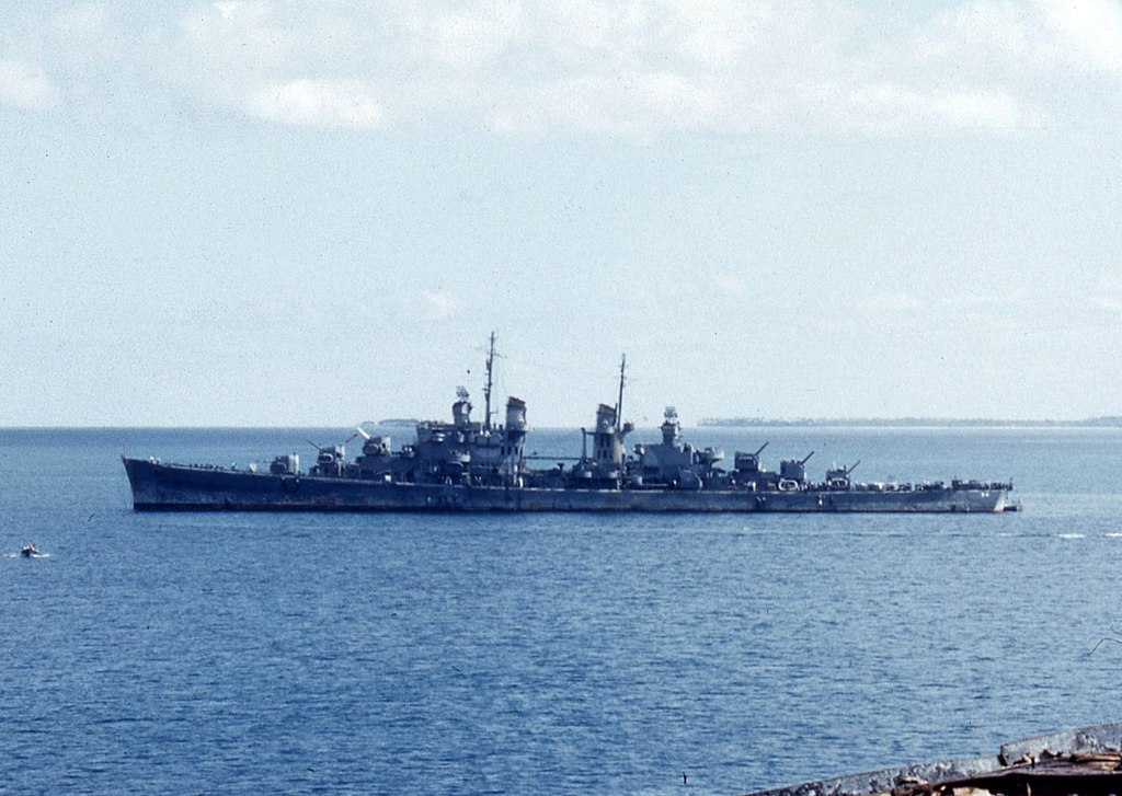 Colorized photo of USS San Juan in Tonga in August 1942