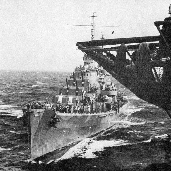 USS San Juan coming alongside USS wasp in August 1942