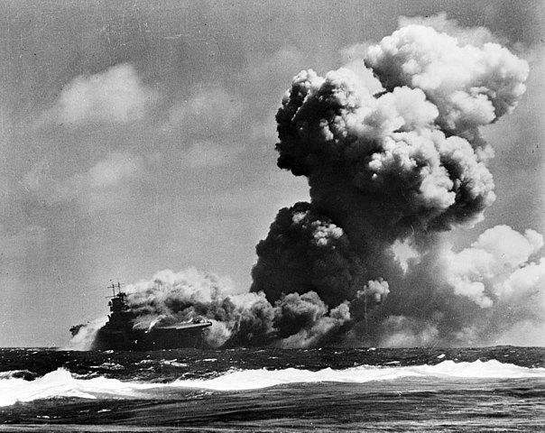 Wasp on fire shortly after being torpedoed.
