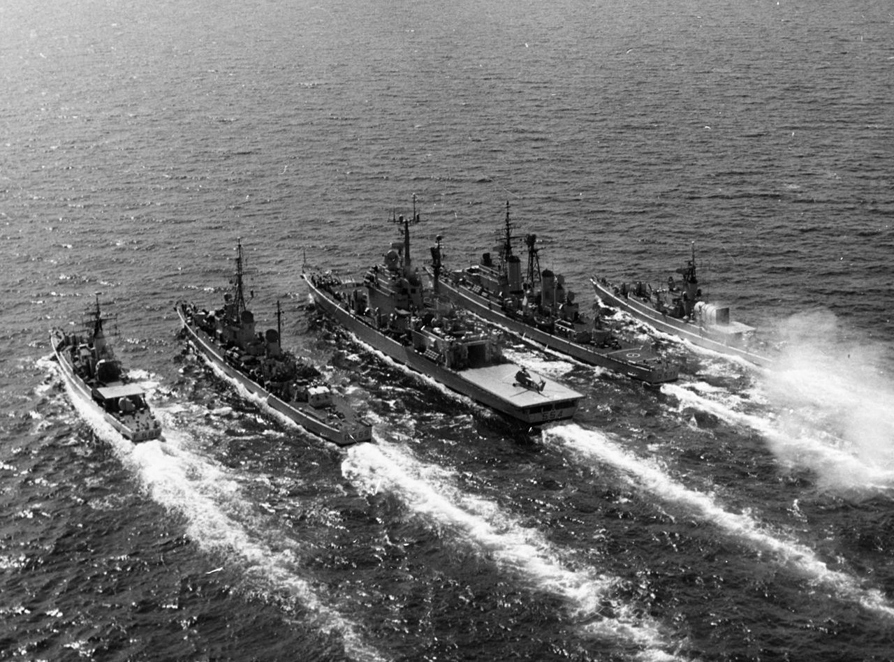 Italian cruiser Caio Duilio underway in the early 1970s with destroyers and frigates
