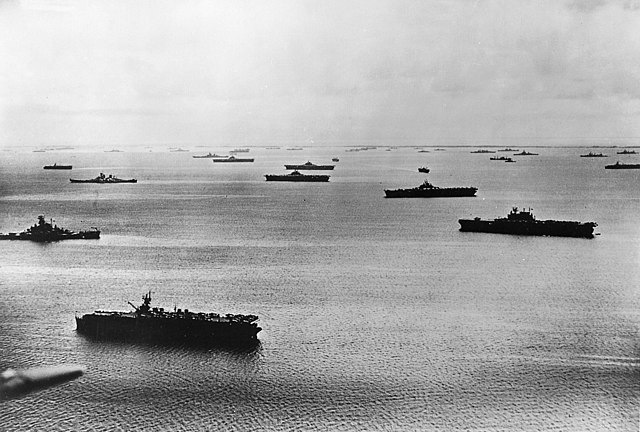 Enterprise on the right with the Fifth Fleet at Majuro, 1944