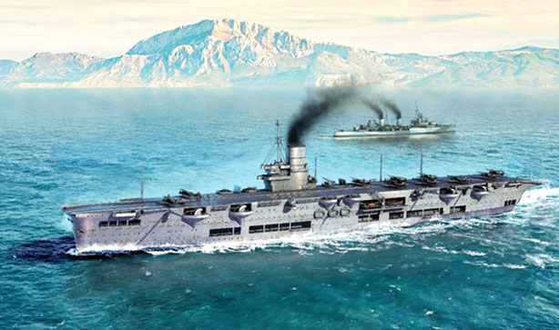 A model kit artwork of the Ark Royal in the Mediterranean