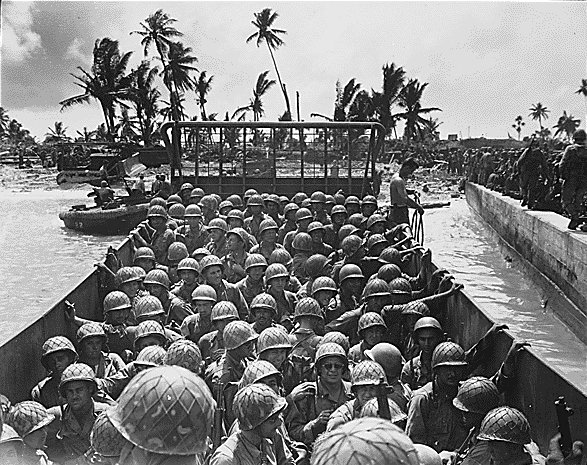 Marines in an LCVP approaching the beach of Kawajalein, ocean shore